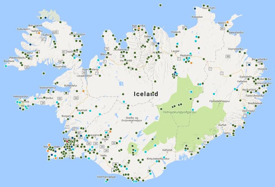 A complete map of geocaches listed within Iceland as of Dec 2016.