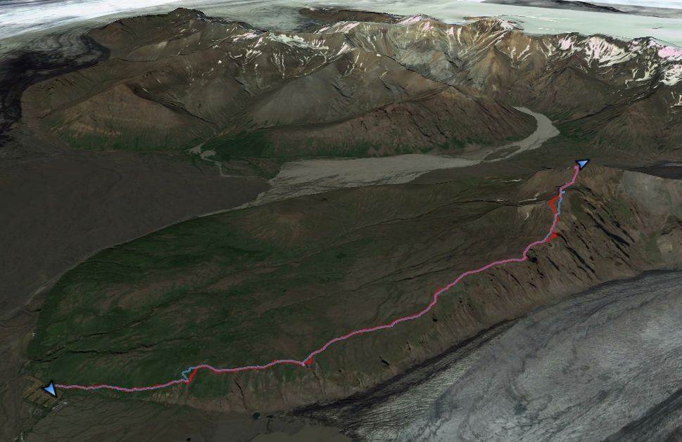 Tracklog (red=ascent, blue=descent) by location depicted in Google Earth on 3D terrain imagery.