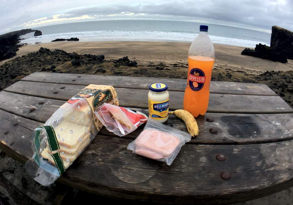 "Roughing it", Iceland style. Grocery store food to last a couple of days of road life meal planning. And Appelsín, which is not apple juice.