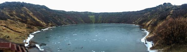 Down in the crater, the lake freezes in winter; but I wouldn't try walking out there though.