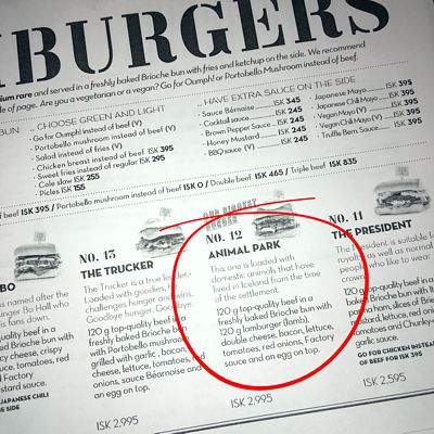 I ordered the Animal Park burger, "loaded with domestic animals that have lived in Iceland from the time of the settlement." In Canadian tender, the meal came to about $42. But it was oh, so good.